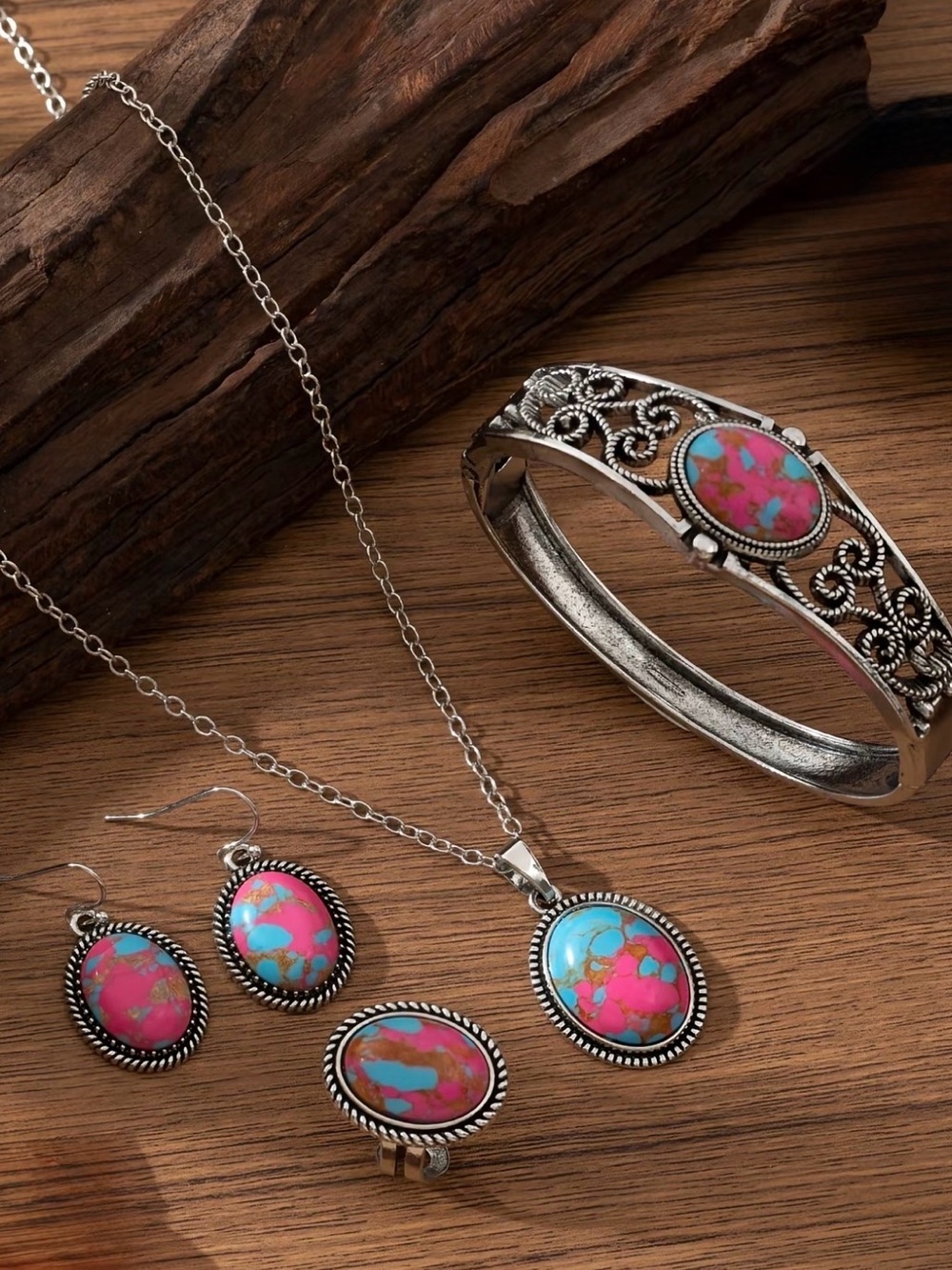 Silver-Tone Pink & Turquoise Stone Jewelry Set - Women